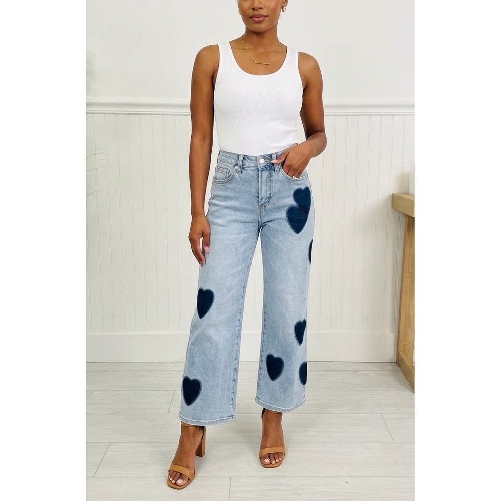 Moco Boutique Wide Leg Cropped Denim Tummy Control Hearts Patchwork Print 14W